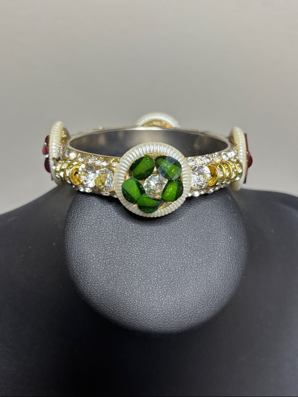 Indian Rhinestone Floral Gild Silver Tone Bangle Bracelet